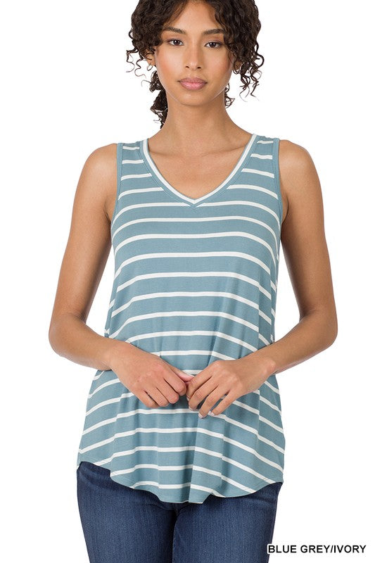 Striped V-Neck Tank in Black, Ice Blue, Blue Grey, & Light Green