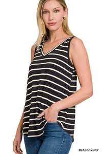 Striped V-Neck Tank in Black, Ice Blue, Blue Grey, & Light Green