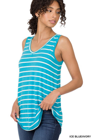 Striped V-Neck Tank in Black, Ice Blue, Blue Grey, & Light Green