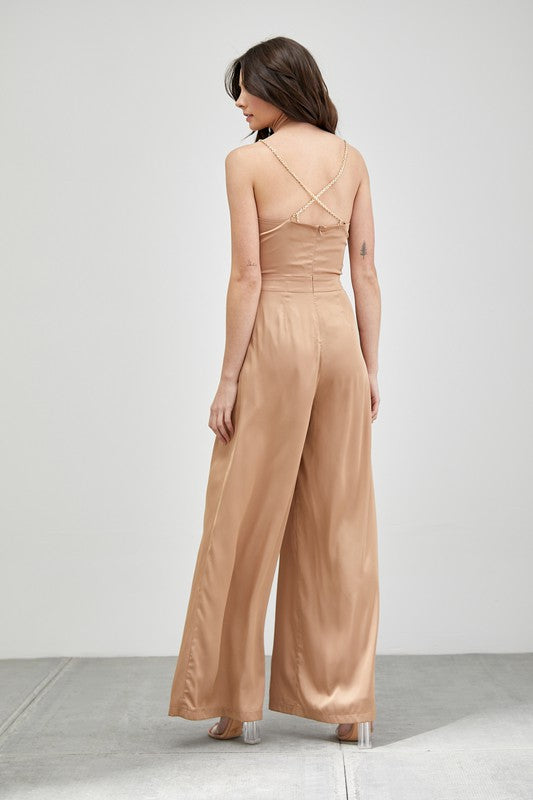 Chain Strap Cowl Neck Jumpsuit in Taupe