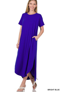 Buttery Soft, Short Sleeve Maxi Dress in Bright Blue, Mint, Black, & Neon Coral Pink
