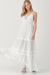 Iria Shirred Tiered Maxi Dress in Off White & Rose