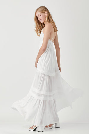 Iria Shirred Tiered Maxi Dress in Off White & Rose