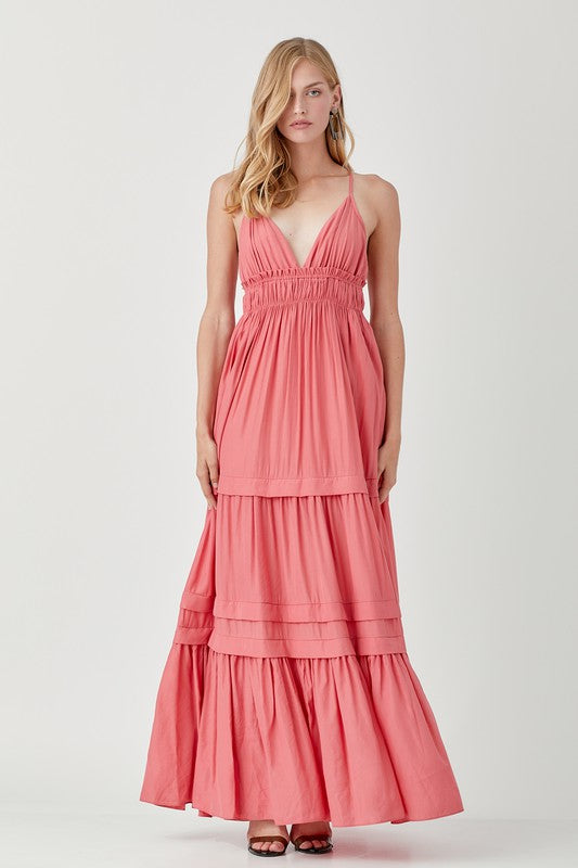 Iria Shirred Tiered Maxi Dress in Off White & Rose