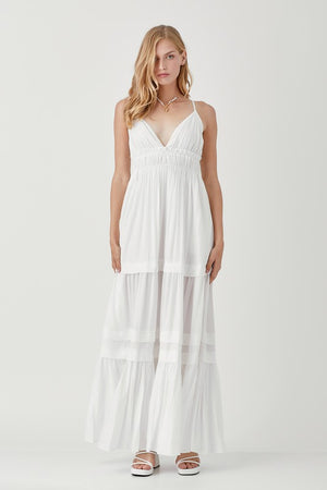 Iria Shirred Tiered Maxi Dress in Off White & Rose