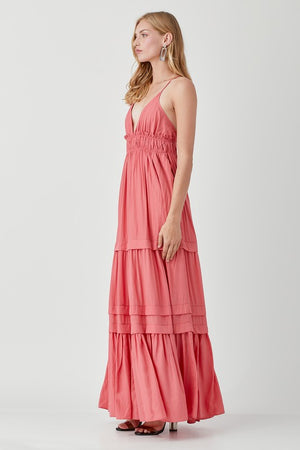 Iria Shirred Tiered Maxi Dress in Off White & Rose