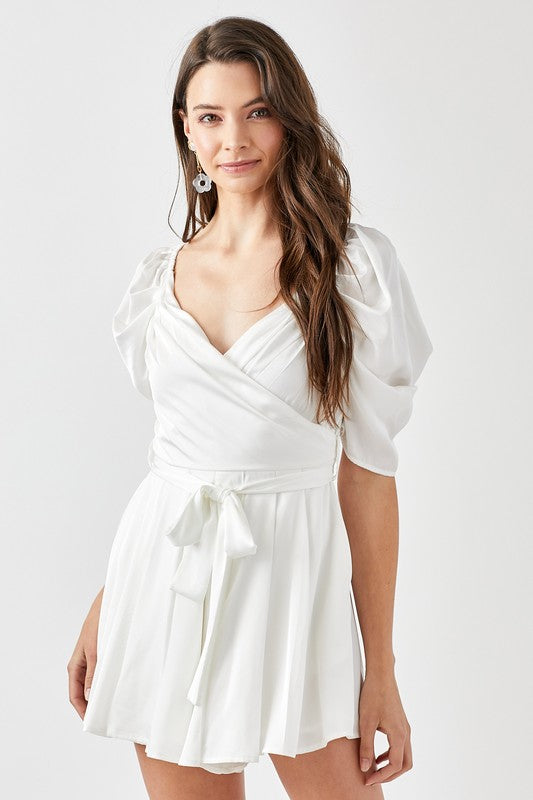 Pleats & Puffs Overwrap Romper in Off-White