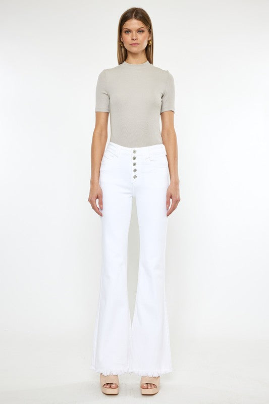 Noelle High Rise Button Fly White Flare Jeans