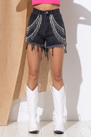 Sprinkled With Gem Rhinestones Fringe Denim Shorts in Denim & Charcoal