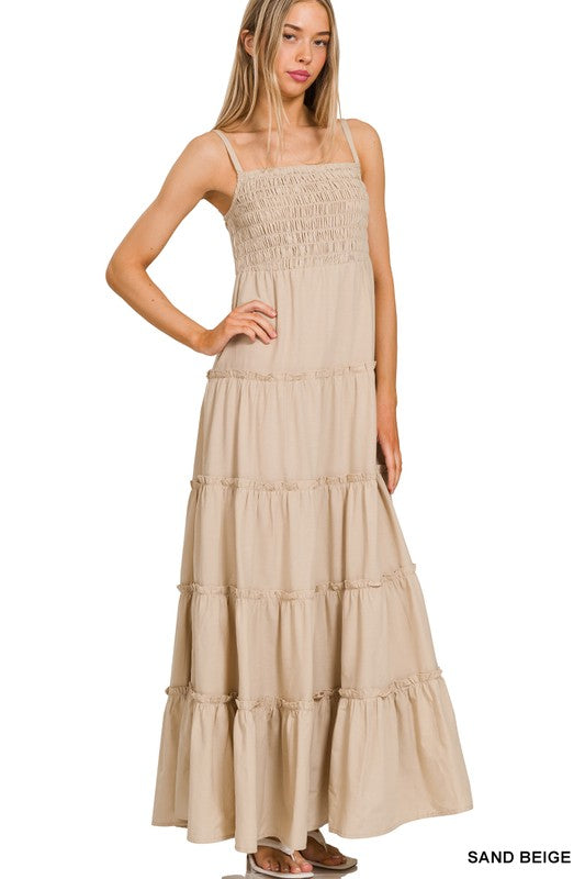 Sophie Smocked Tieredi Maxi Dress in Fuchsia, Sand Beige, & Light Rose