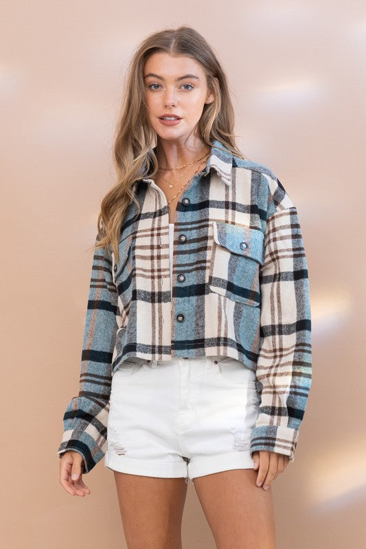 Jody Plaid Crop Shirt Jacket in Rust & Teal