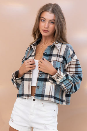 Jody Plaid Crop Shirt Jacket in Rust & Teal