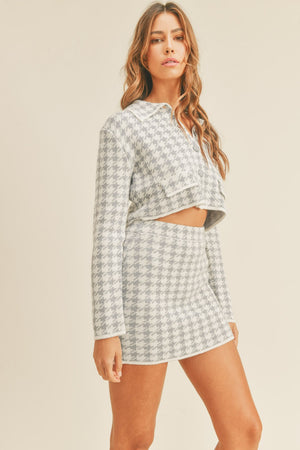 Alizée Houndstooth Cropped Knit Cardigan & Mini Skirt Set in Blue