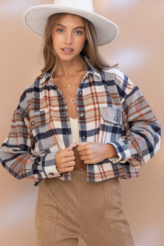 Jody Plaid Crop Shirt Jacket in Rust & Teal