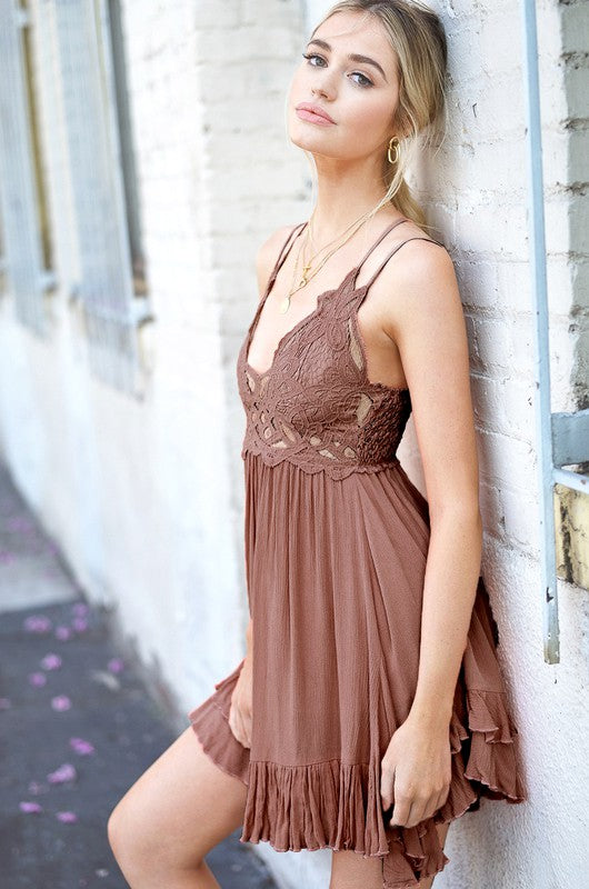 Lace & Ruffles Bralette Mini Dress in White, Black & Mocha