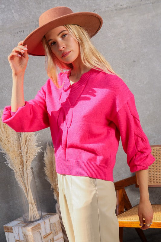 Courtney V-Neck Cable Knit Sweater in Dark Pink & Ivory