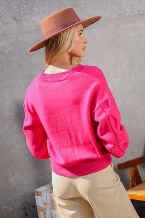 Courtney V-Neck Cable Knit Sweater in Dark Pink & Ivory