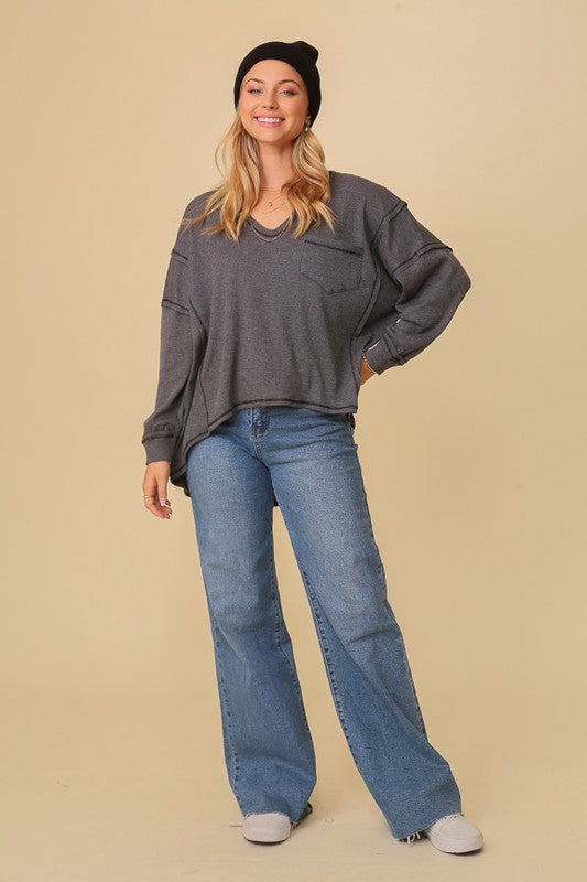 Samantha Thermal High Low Oversized Top in 2 Tone Papaya, Stone Blue, & Charcoal