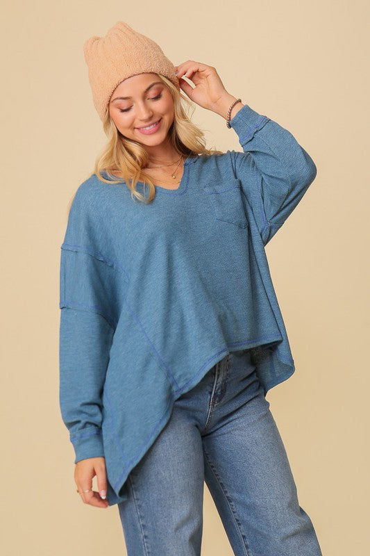 Samantha Thermal High Low Oversized Top in 2 Tone Papaya, Stone Blue, & Charcoal