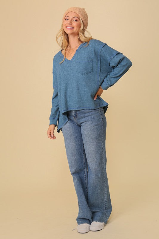 Samantha Thermal High Low Oversized Top in 2 Tone Papaya, Stone Blue, & Charcoal