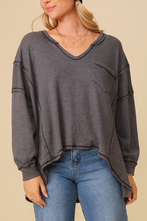 Samantha Thermal High Low Oversized Top in 2 Tone Papaya, Stone Blue, & Charcoal