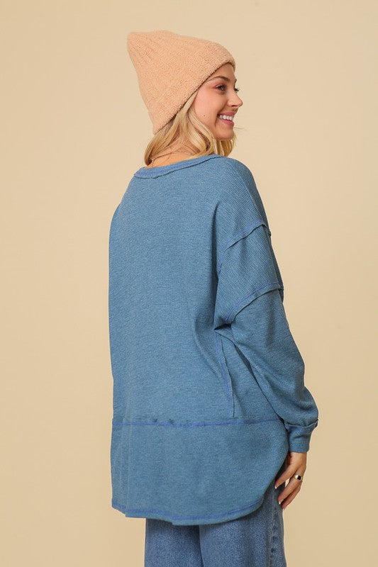 Samantha Thermal High Low Oversized Top in 2 Tone Papaya, Stone Blue, & Charcoal