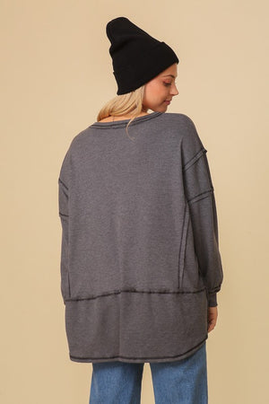 Samantha Thermal High Low Oversized Top in 2 Tone Papaya, Stone Blue, & Charcoal