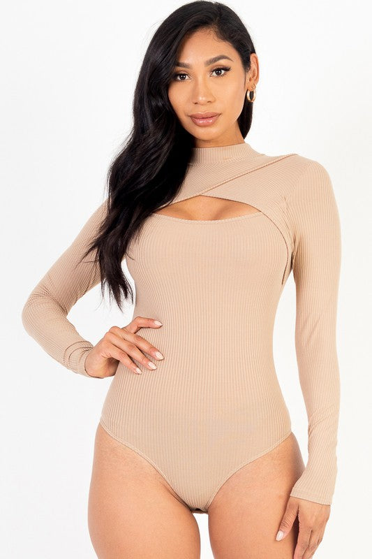 Faye Cutout Long Sleeve Ribbed Bodysuit in a Variety of Colors