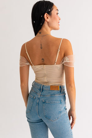 Embroidered Off Shoulder Mesh Bodysuit