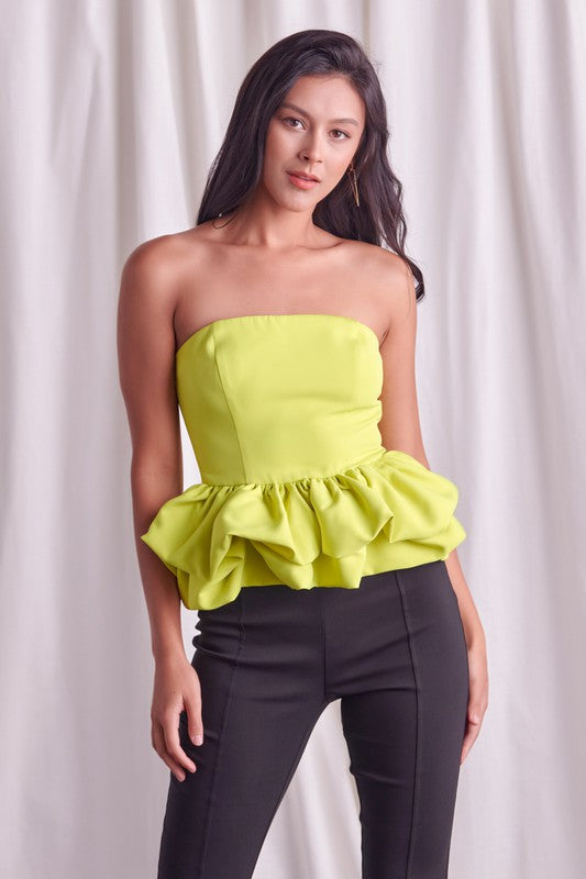 Rosalind Double Ruffle Strapless Peplum Top in Lime, Electric Pink, & White