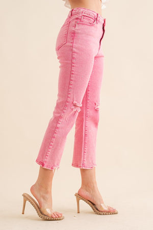 Hey Stud Cropped Rhinestone Distressed Denim Jeans in Pink