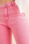 Hey Stud Cropped Rhinestone Distressed Denim Jeans in Pink