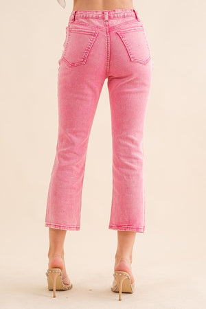 Hey Stud Cropped Rhinestone Distressed Denim Jeans in Pink