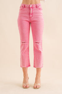 Hey Stud Cropped Rhinestone Distressed Denim Jeans in Pink