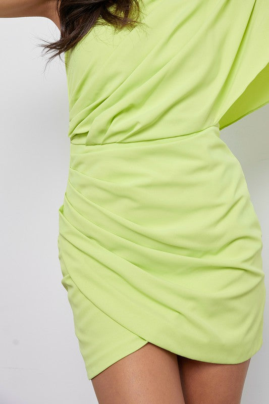 Paige One Shoulder Wrap Mini Dress in Lime