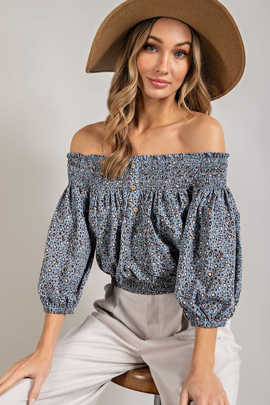 Smock Me Off Shoulder Animal Print Top in Off-White & Blue