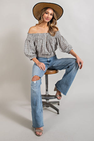 Smock Me Off Shoulder Animal Print Top in Off-White & Blue