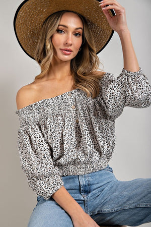 Smock Me Off Shoulder Animal Print Top in Off-White & Blue