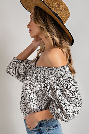 Smock Me Off Shoulder Animal Print Top in Off-White & Blue