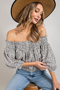 Smock Me Off Shoulder Animal Print Top in Off-White & Blue