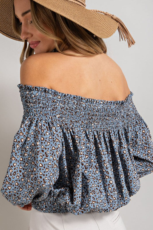 Smock Me Off Shoulder Animal Print Top in Off-White & Blue