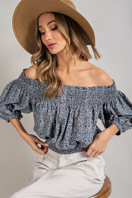 Smock Me Off Shoulder Animal Print Top in Off-White & Blue