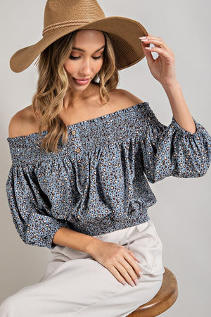 Smock Me Off Shoulder Animal Print Top in Off-White & Blue