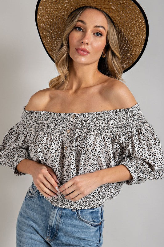 Smock Me Off Shoulder Animal Print Top in Off-White & Blue