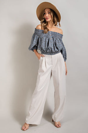 Smock Me Off Shoulder Animal Print Top in Off-White & Blue