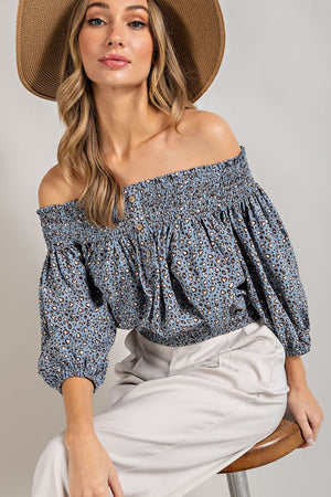 Smock Me Off Shoulder Animal Print Top in Off-White & Blue