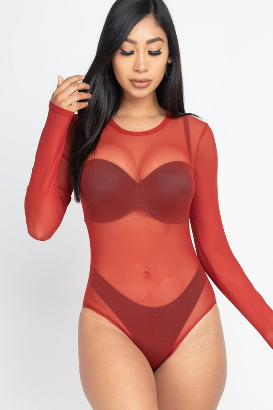 Mesh-tastic Sheer Long Sleeve Bodysuit in a Assorted Colors