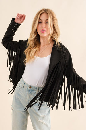 So Glam Fringe & Studs Jacket in Camel, Blush & Black