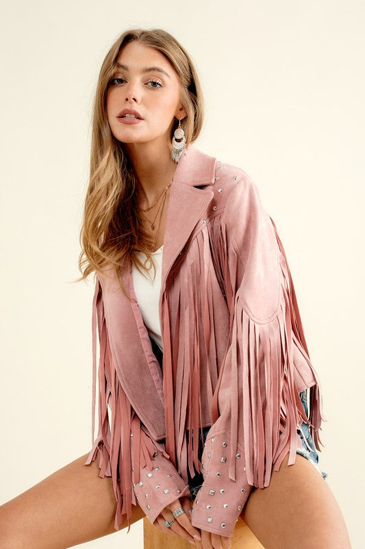 So Glam Fringe & Studs Jacket in Camel, Blush & Black