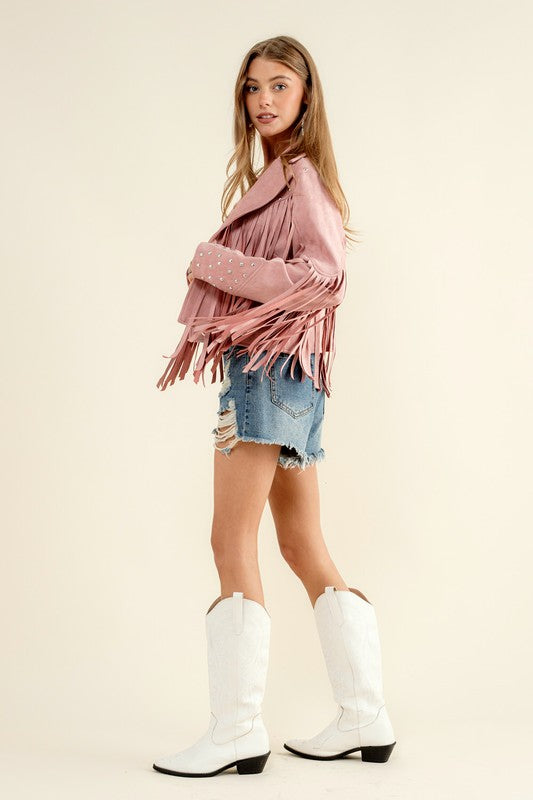 So Glam Fringe & Studs Jacket in Camel, Blush & Black